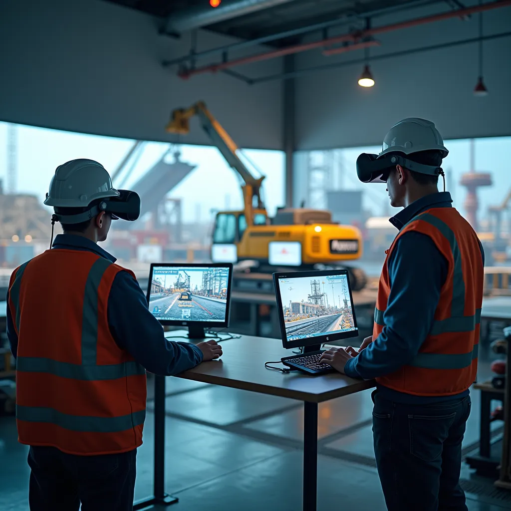 Duas pessoas utilizando óculos de realidade virtual em um ambiente industrial.