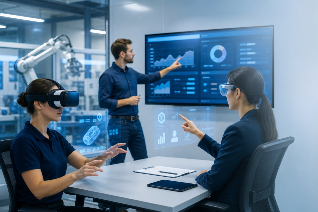 Profissionais em treinamento corporativo usando realidade virtual, realidade aumentada e dashboards com inteligência artificial