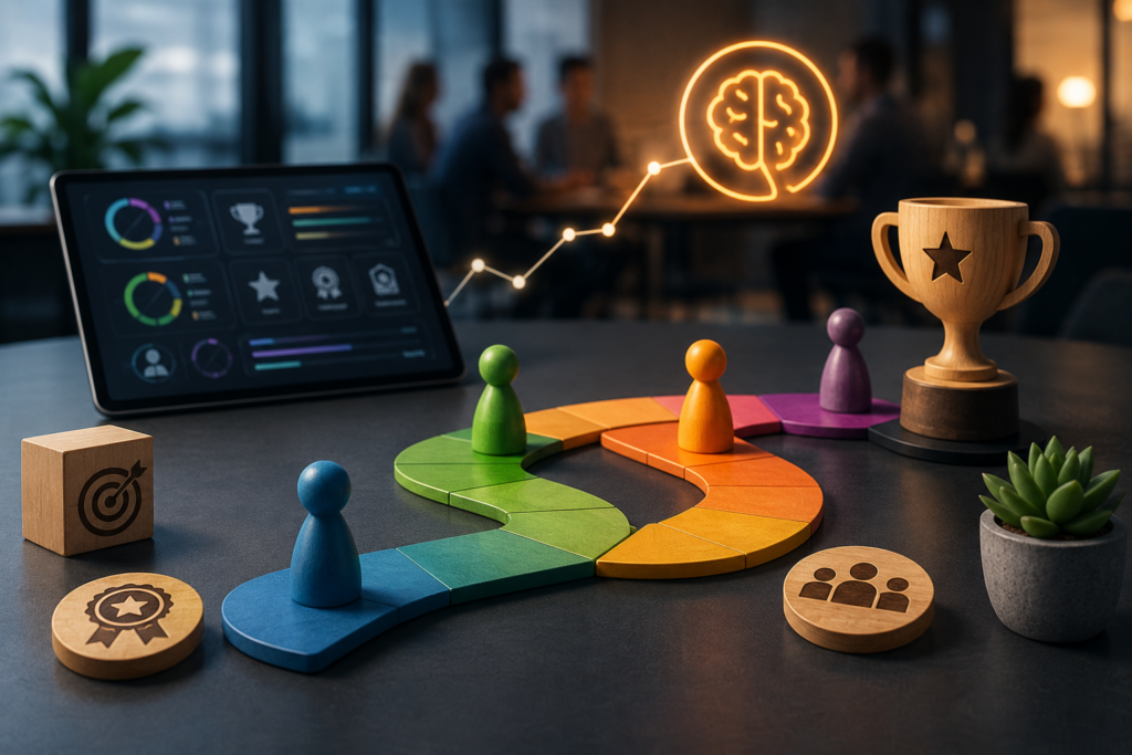Jornada de aprendizagem corporativa gamificada representada por tabuleiro abstrato e peças simbólicas em ambiente profissional