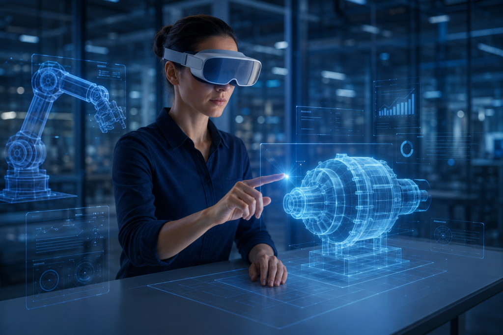 Profissional usando realidade aumentada para visualizar instruções técnicas em equipamento industrial