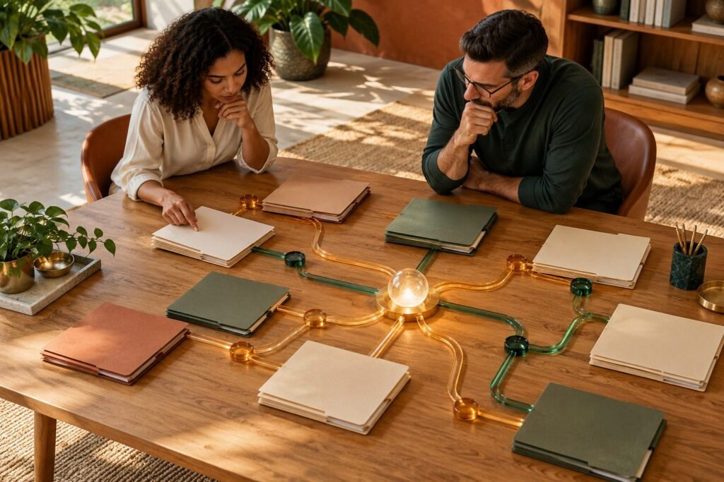 Dois profissionais analisam pastas de conhecimento conectadas por caminhos visuais sobre uma mesa, em ambiente corporativo de tons quentes